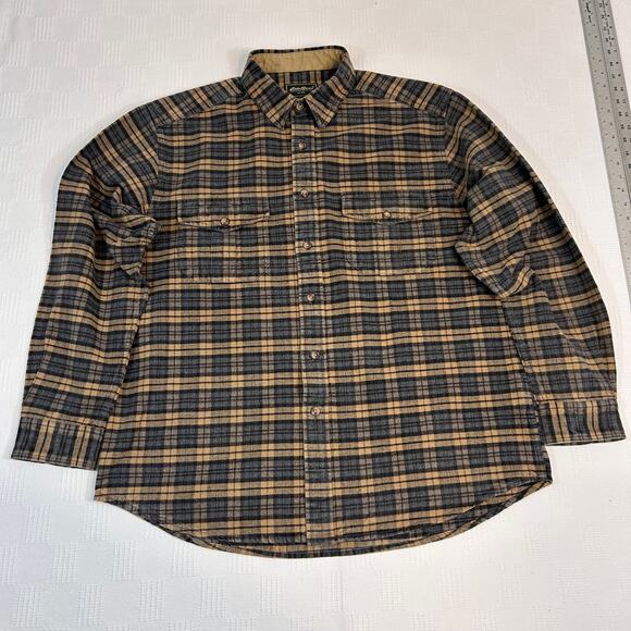 Eddie Bauer Mens L Shirt Flannel Heavy Button Up Gold Gray 100% Cotton - Picture 2 of 12